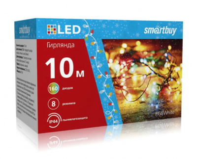 Гирлянда Smartbuy светодиодная LED с контроллером, RGB, 10м, 160 диодов, IP44, зеленый провод (SB-RGBIP44-10mGR)